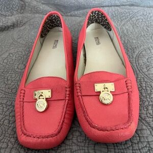 MICHAEL Michael Kors Coral Red Leather Loafers with Gold MK Charm